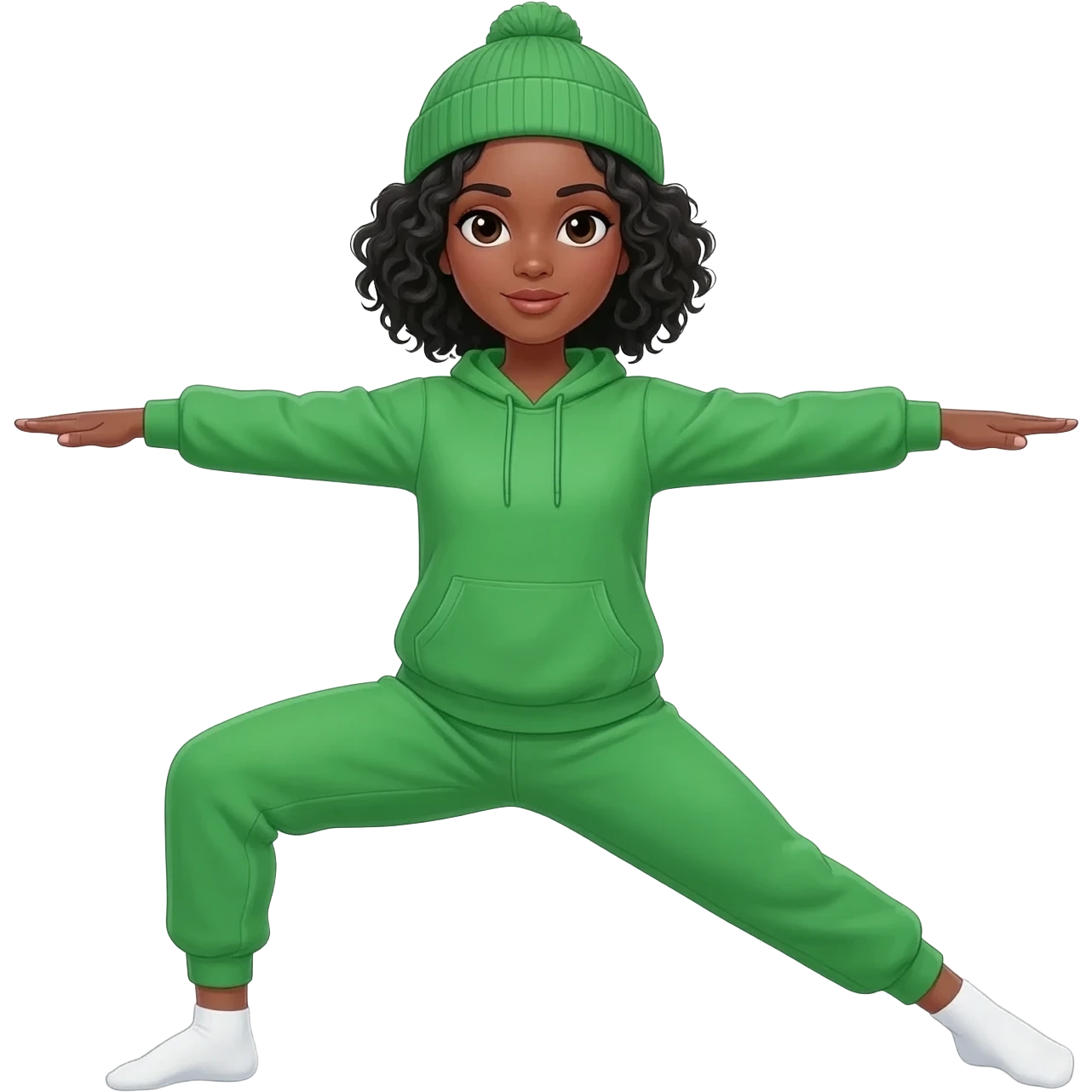 Woman with short black curly neck length hair.  Wearing a  green sweatsuit and a beanie hat. White socks. Doing a Yoga pose. emoji