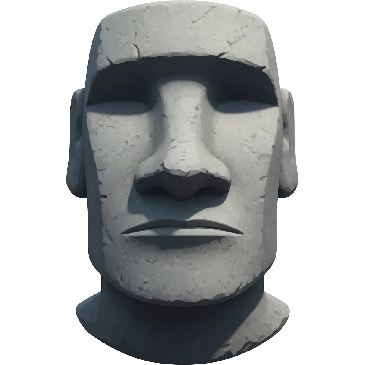 A severe, minimalist depiction of the Moai head, rendered in rough, grey granite stone. The expression is stoic and unmoving. The lighting is harsh, casting long geometric shadows over the features. Front-facing render. emoji