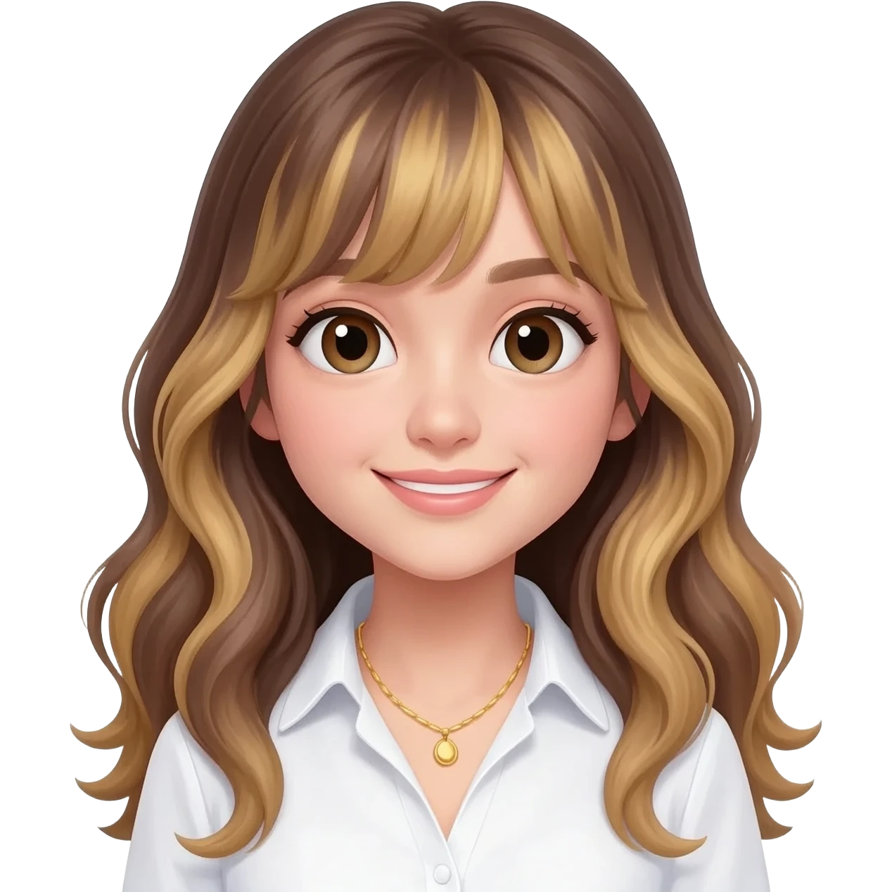 a girl with long lenght brown wavy long hairs with bangs and blonde tones to the ends. big eyes and soft features and with t feaa sincere smile, and the head slightly to the side. outfit is white shirt witha golden necklace emoji