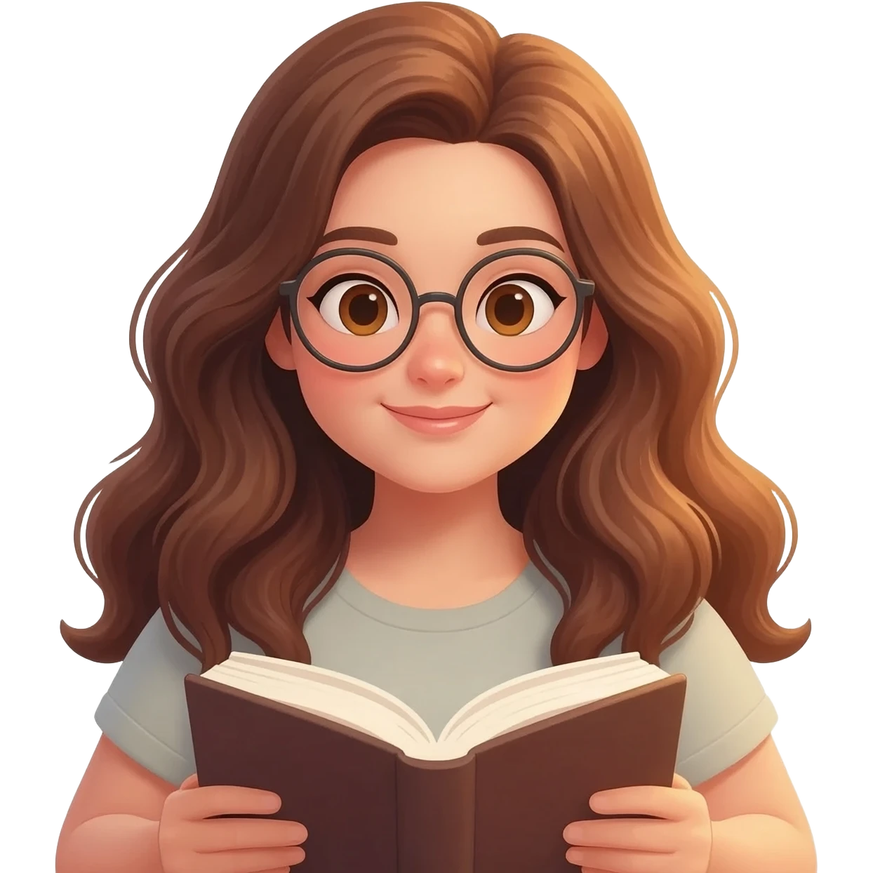 detailed emoji illustration of a curvy woman with long chestnut brown wavy hair, light brown eyes and round glasses, sitting comfortably and reading a book, warm sunlight, peaceful atmosphere, emoji style emoji