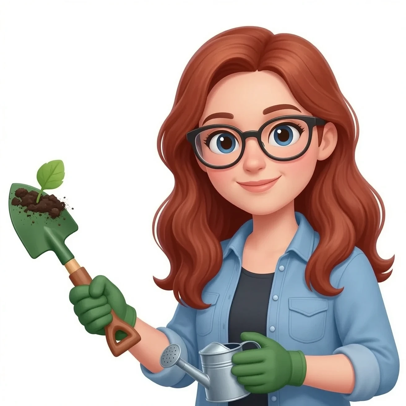 up close 3d hyper realistic long dark reddish blond woman with glasses gardening with tools emoji