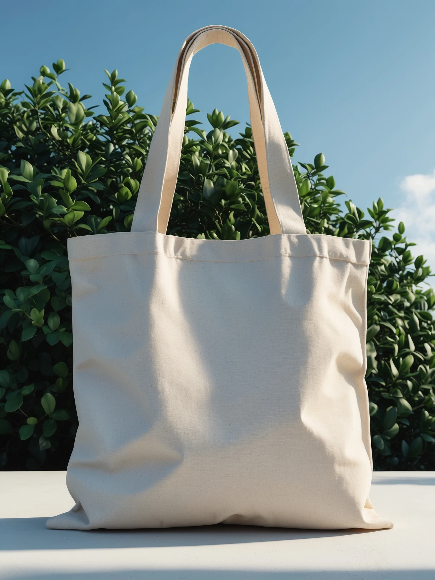 High-resolution mockup of a minimalist canvas tote bag, placed perfectly centered on the canvas. The tote bag is made of natural cotton fabric, light beige color, with a simple and elegant look. Background features a deep green organic bush, clean blue sky above, bright daylight, emoji
