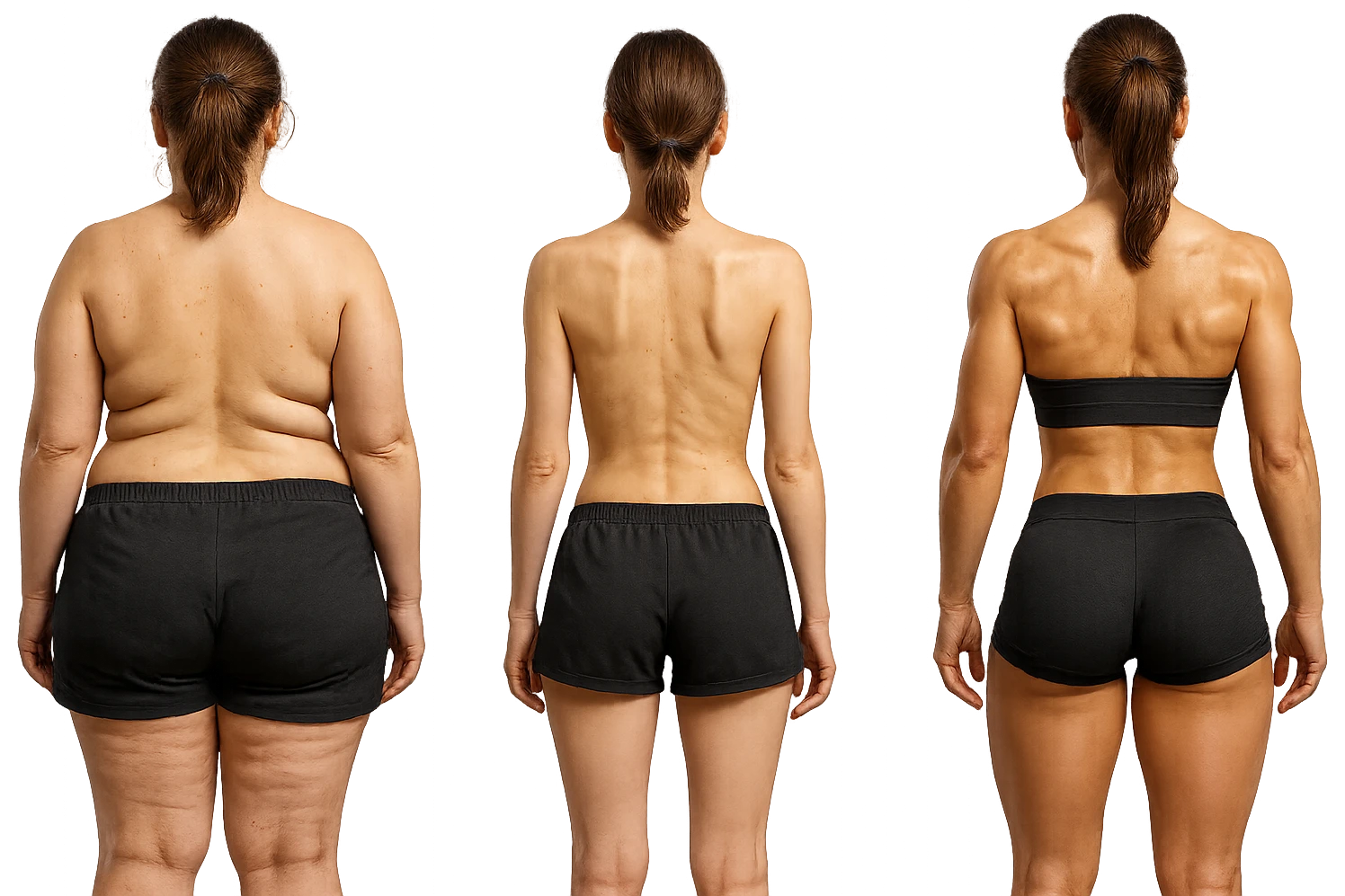 fai una donna di spalle in gym shorts leggermente sovrappeso e con cellulite e accanto una seconda donna di spalle magra (che è dimagrita post dieta) e accanto una terza donna in forma allenata e con le giuste proporzioni, l'immagine deve rappresentare il processo: da donna grassa, a donna piatta e magra, a donna allenata e in forma con i giusti muscoli, iperrealistico 4k emoji