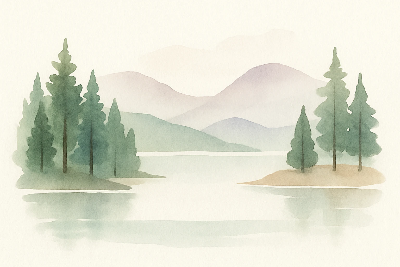 a lake surrounded by trees and mountains, watercolor art style emoji