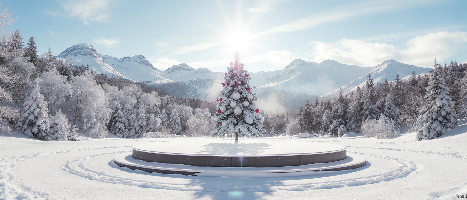 Cinematic still of a winter landcape, sunny day, white circle stage on middle, snowy,christmas tree in snow, in background we can see beautifull snowy landscape, soft light, symmetrical, day, captured on arri alexa --no curtains emoji