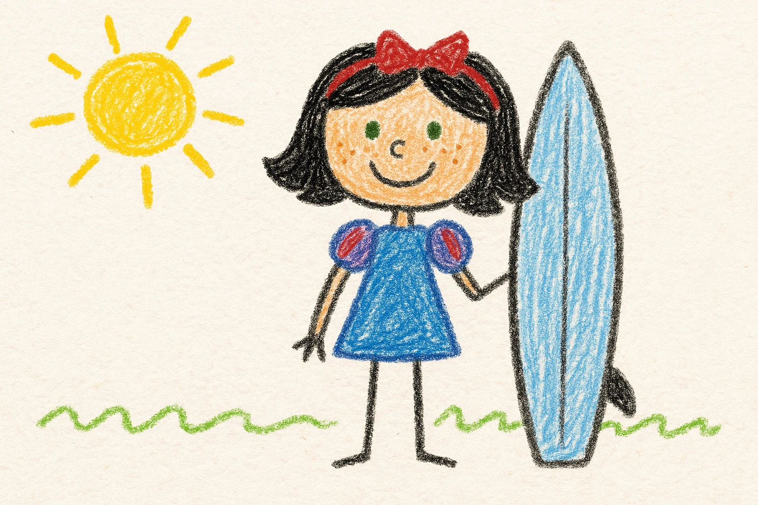 14-year-old girl resembling Snow White, hair slightly below shoulders, small green eyes, some freckles, surfer, medium height, children's doodle style emoji