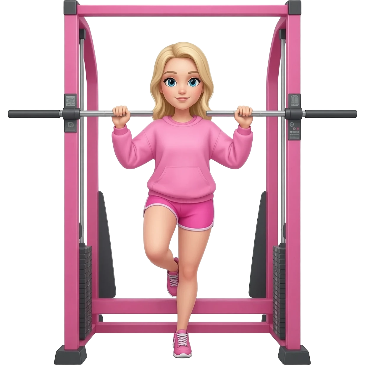 A girl wearing a pink workout set which is big tshirt pink, and pink shorts on a hip trust on smith machine that is pink the girl is blond emoji
