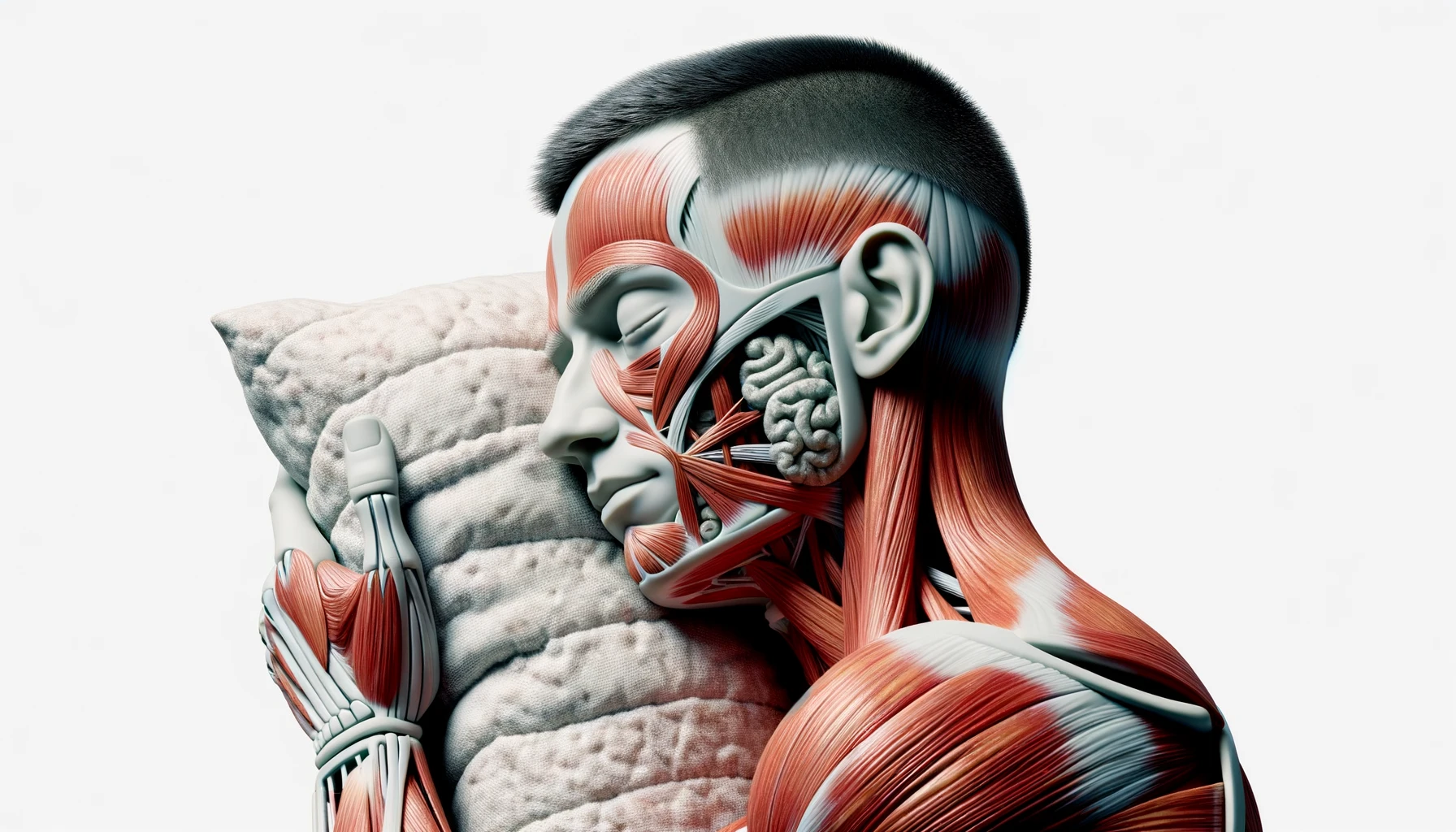 corpo umano anatomico con capelli corti che dorme sereno abbracciato al cuscino, muscoli e organi in evidenza, ha l'espressione rilassata, visto dal fianco iperrealistica 4k, isolato su sfondo bianco emoji