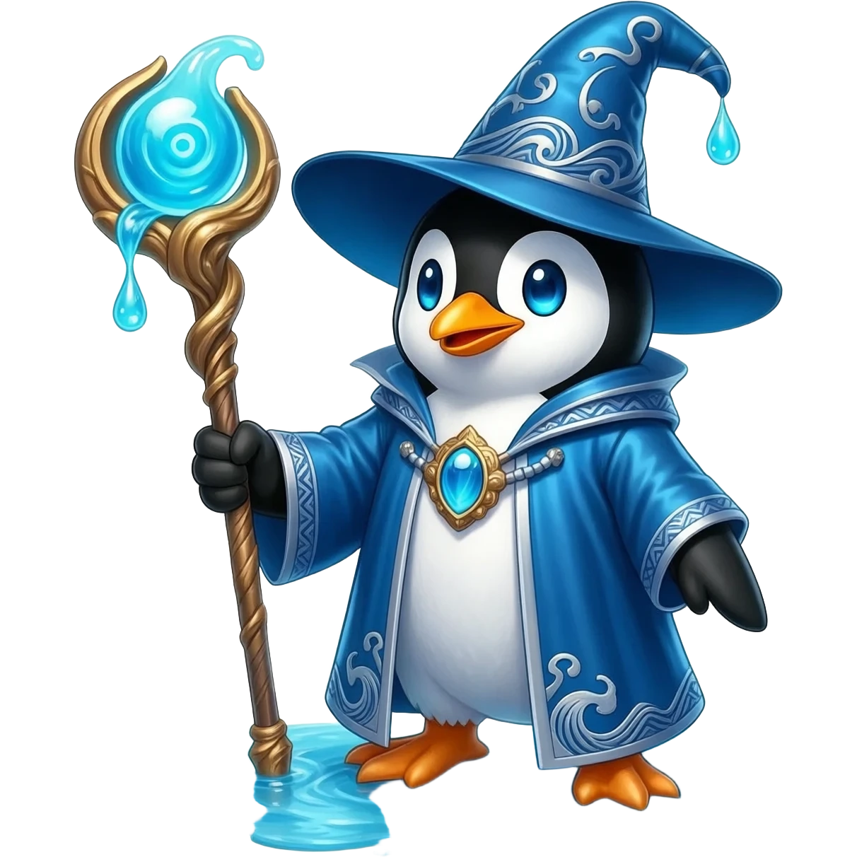 Vibrant water wizard penguin with black-and-white feathers and glowing deep-blue eyes. Wearing flowing blue-and-silver robes with wave runes and tall wizard hat with cascading water. Holding ornate staff with swirling liquid orb. Swirling blue water streams and bubbles emanate from its body emoji