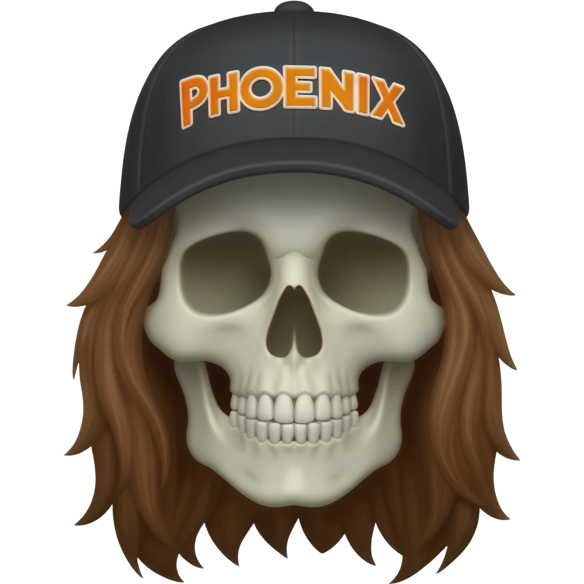 Create a skeleton head wearing a black baseball cap that says " Phoenix " in orange, and white lettering, with long brown hair emoji