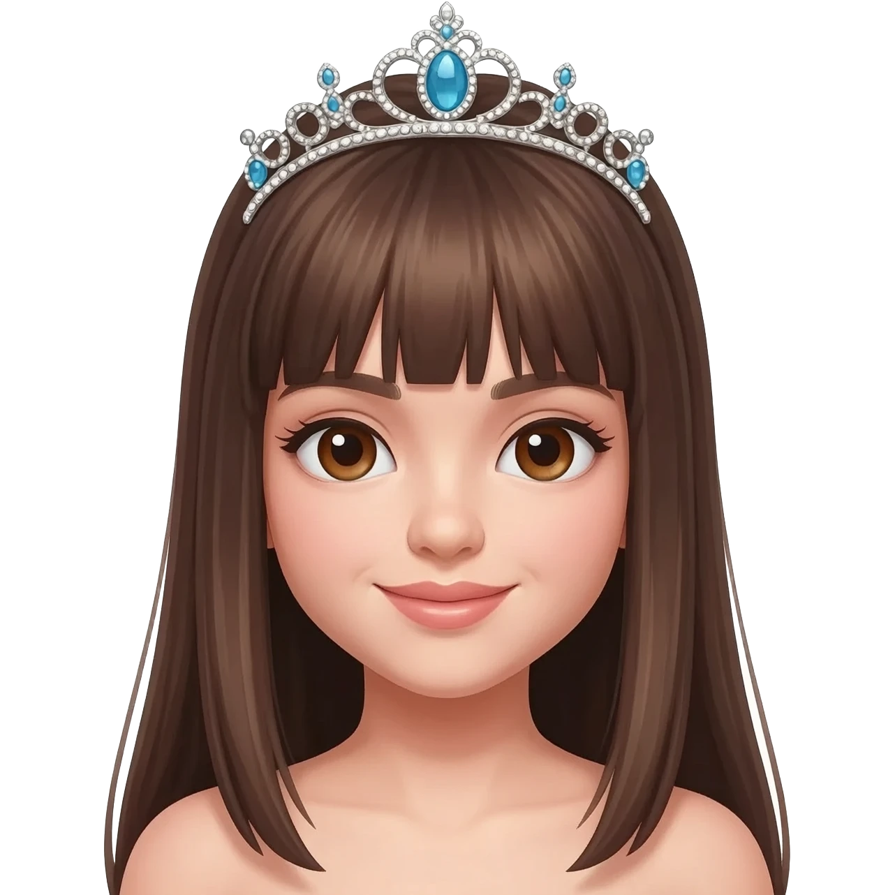 Chica con cabello largo lacio con fleco castaño de ojos cafés con corona princesa tierna y sexy emoji