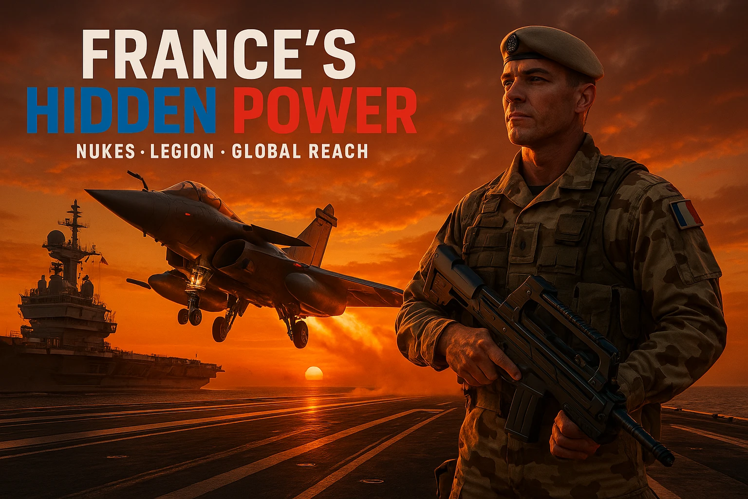 dramatic 8K scene of Rafale jet taking off from Charles de Gaulle carrier at sunset with orange glow, foreground featuring French Foreign Legionnaire in desert camo with futuristic weapon, bold tricolor text 'FRANCE’S HIDDEN POWER', subtext 'Nukes • Legion • Global Reach', epic cinematic composition emoji