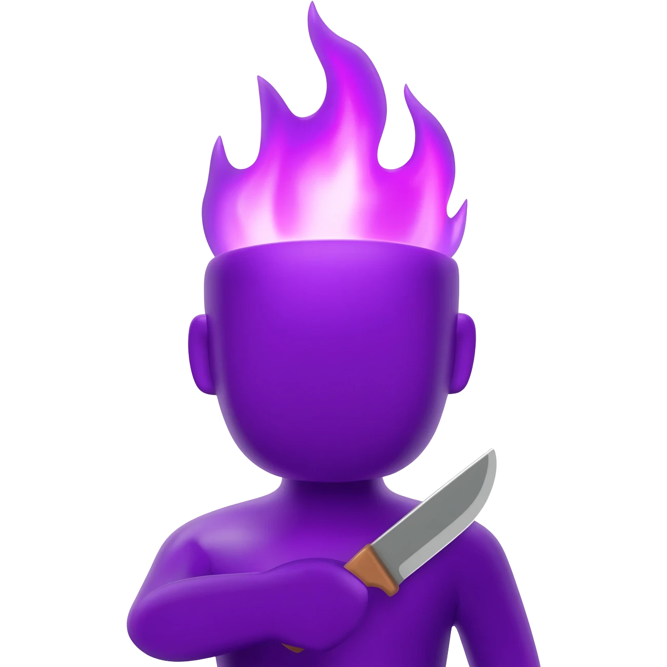 A purple shiny character with a purple flame head no eyesand holding a small knife. emoji
