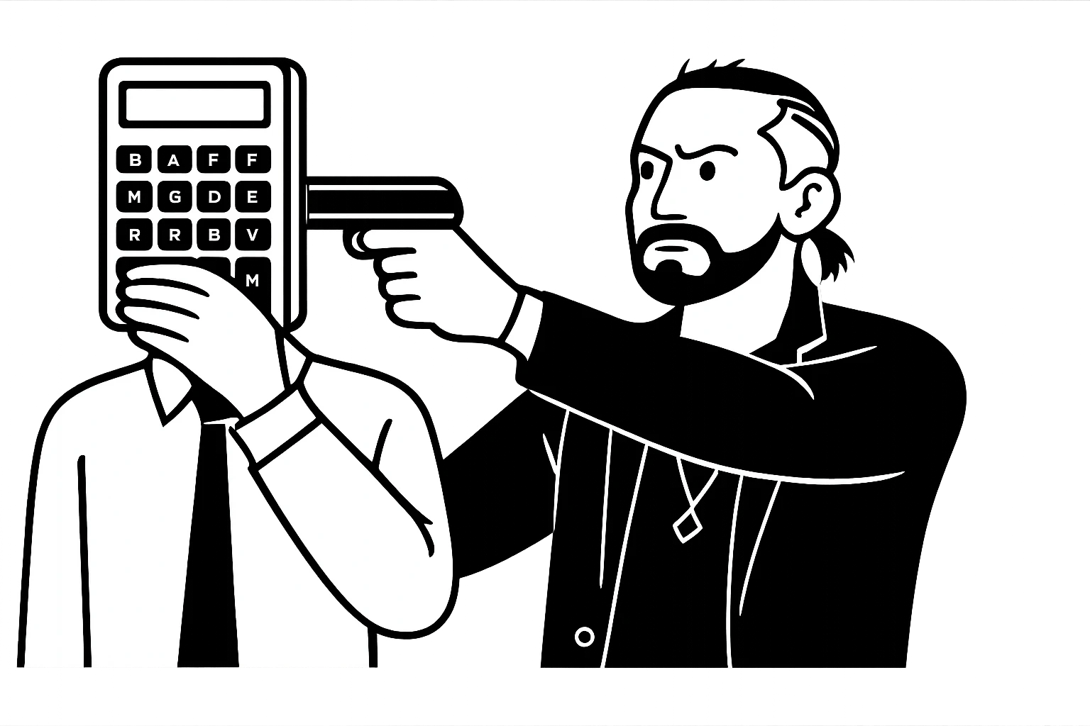 Используя такую стилистику и точно такого же героя, ему приставил к виску пистолет, а другой рукой закрывает рот фигура, у которого вместо головы калькулятор, прозрачный фон emoji