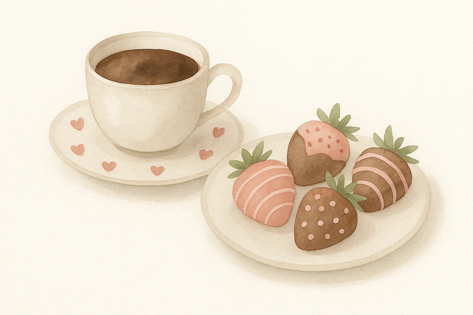 watercolor style illustration of a cup of coffee with a saucer decorated with small red hearts, and a plate with four chocolate-covered strawberries with pink and white decorations, minimal composition, no extra objects or background emoji