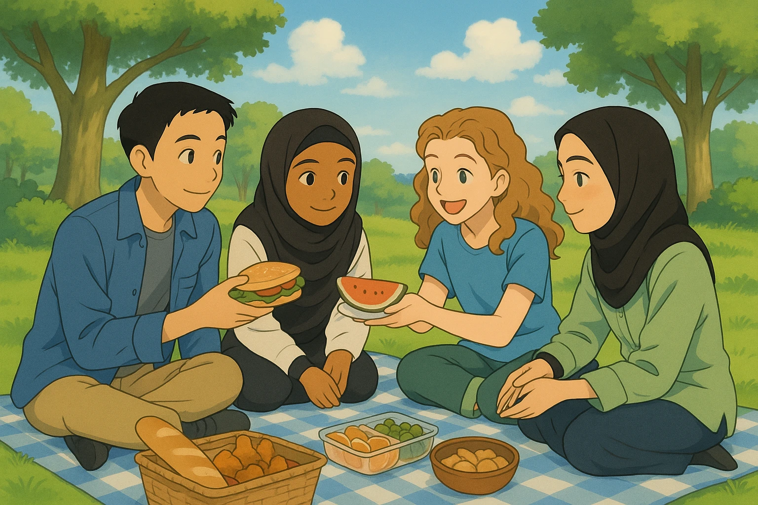 Four students in Ghibli style, having a picnic in a park, sharing food, relaxed and friendly atmosphere, greenery and blue sky. emoji