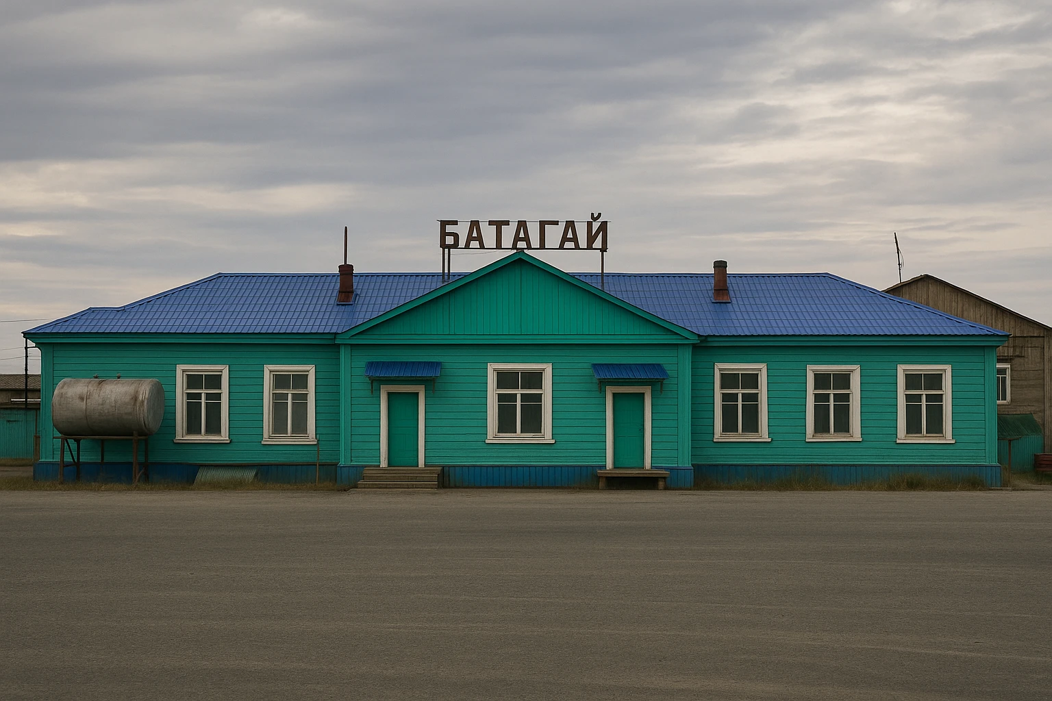 Используя эту стилистику, сгенерируй фотореалистичную картинку  домика с надписью Батагай emoji