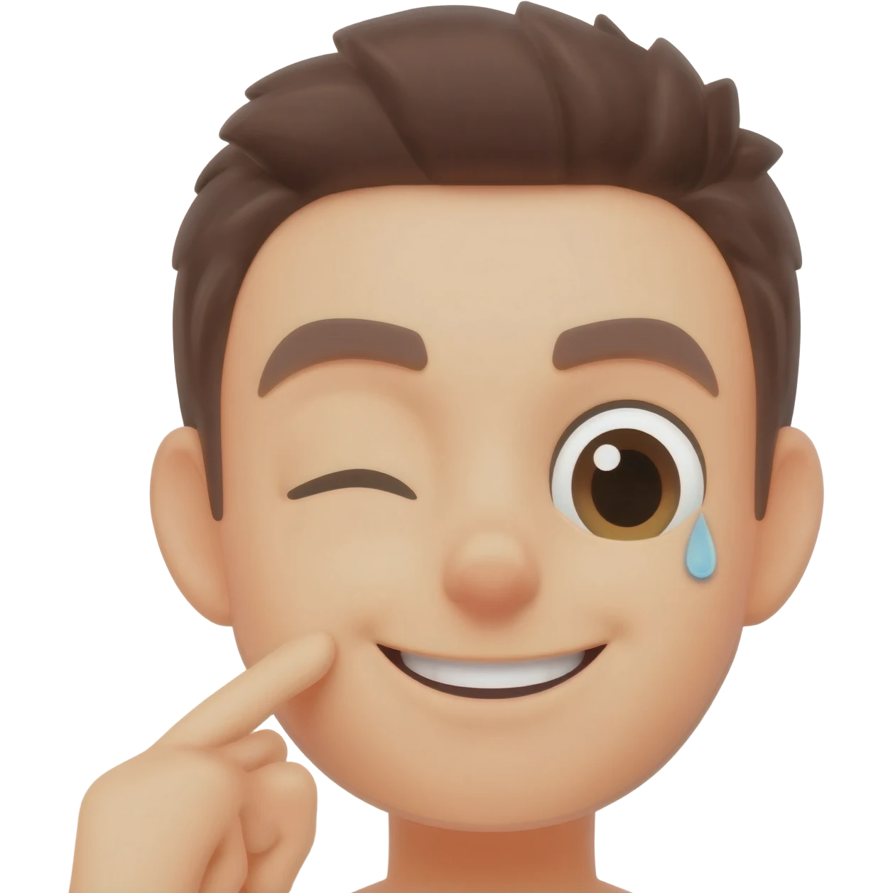 Classic iPhone emoji, blushed smile hitting a single finger with 1 eye open and one eye closed clearly flustered emoji