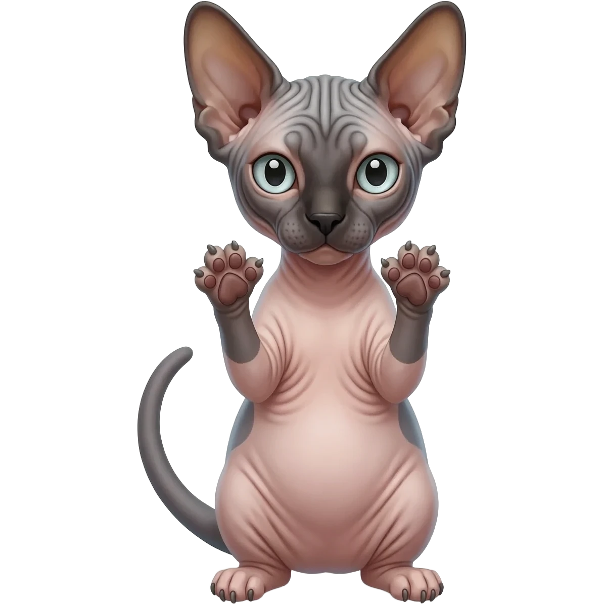 A Sphynx cat raises its front paws with claws up emoji