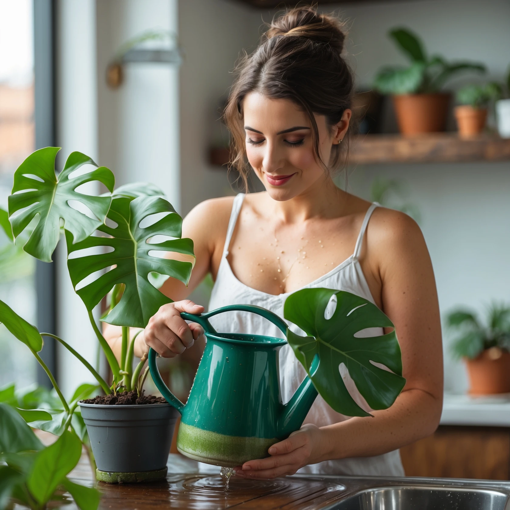 woman watering her monstera plant emoji