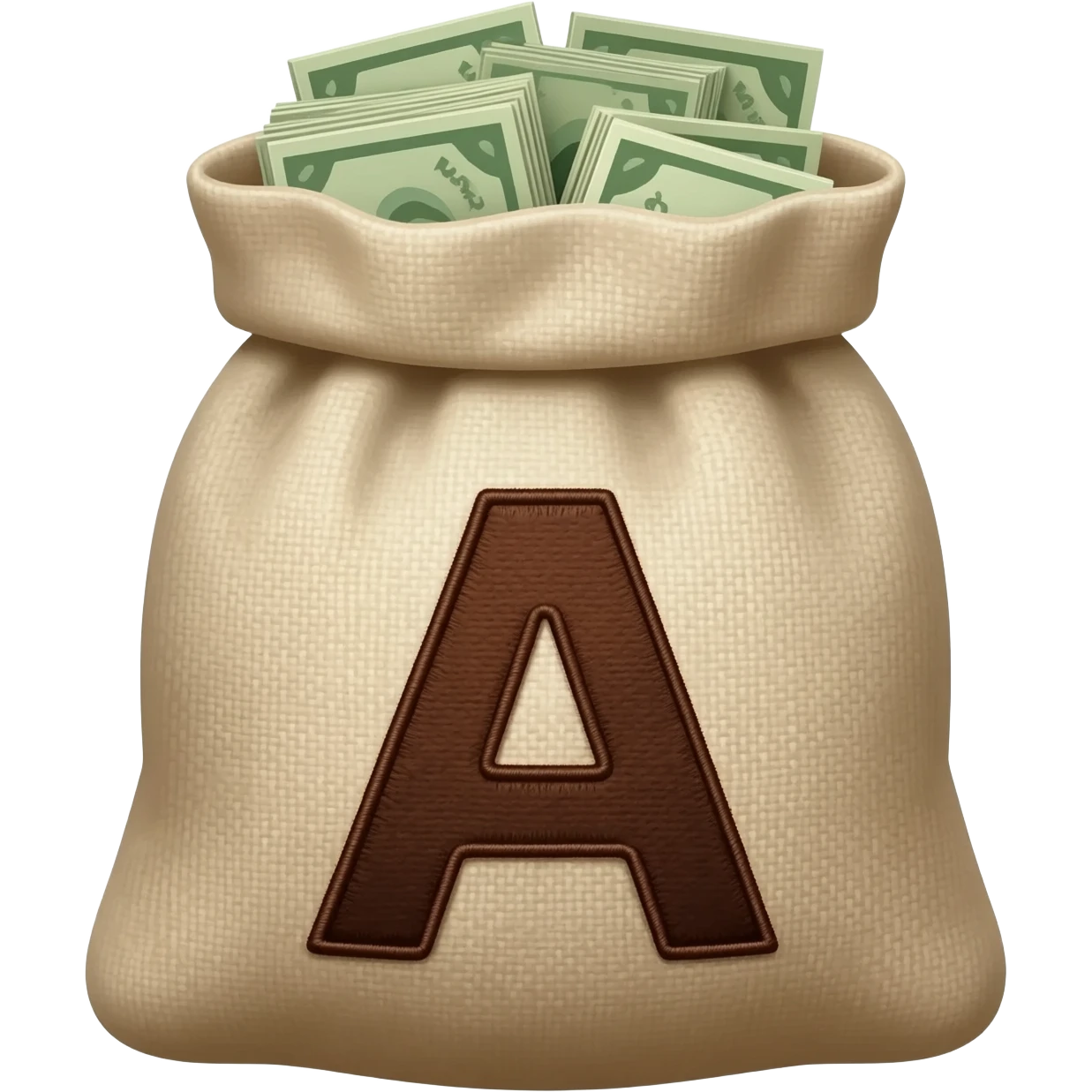 A bag of money but, it have a letter A in the place of the dollar symbol, don't use the $ symbol, just an A in that place, do de A letter in dark brown color and made it like embroidery emoji
