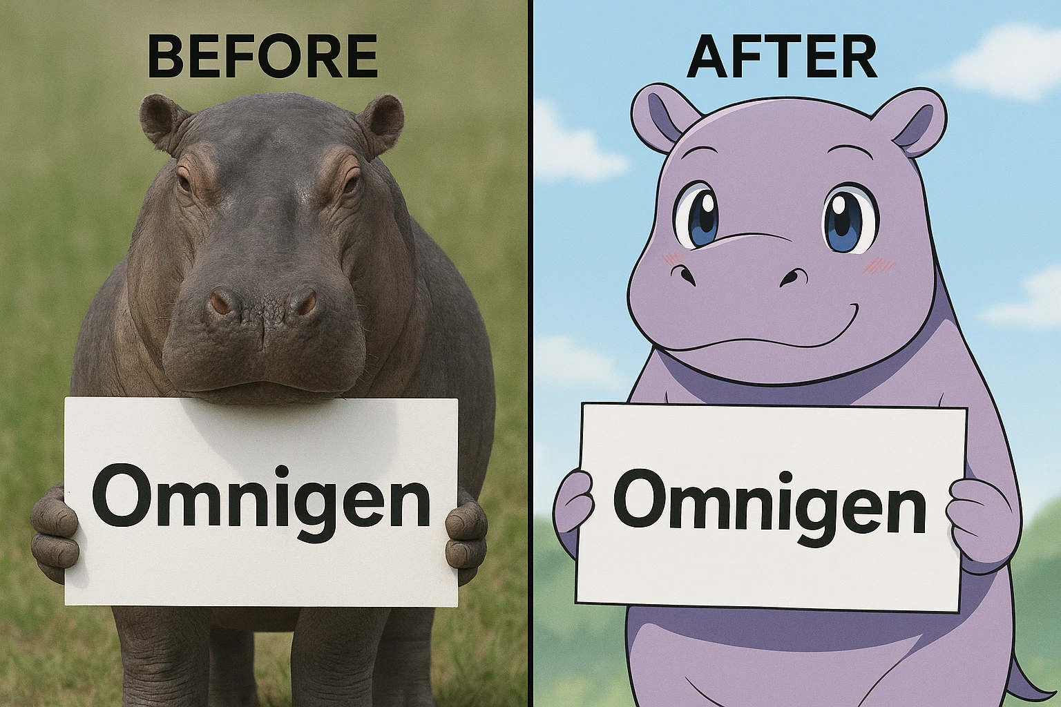 two hippo holding sign of omnigen, half picture 1 hippo is realistic another half is the anime of that same second hippo, with before after mark emoji