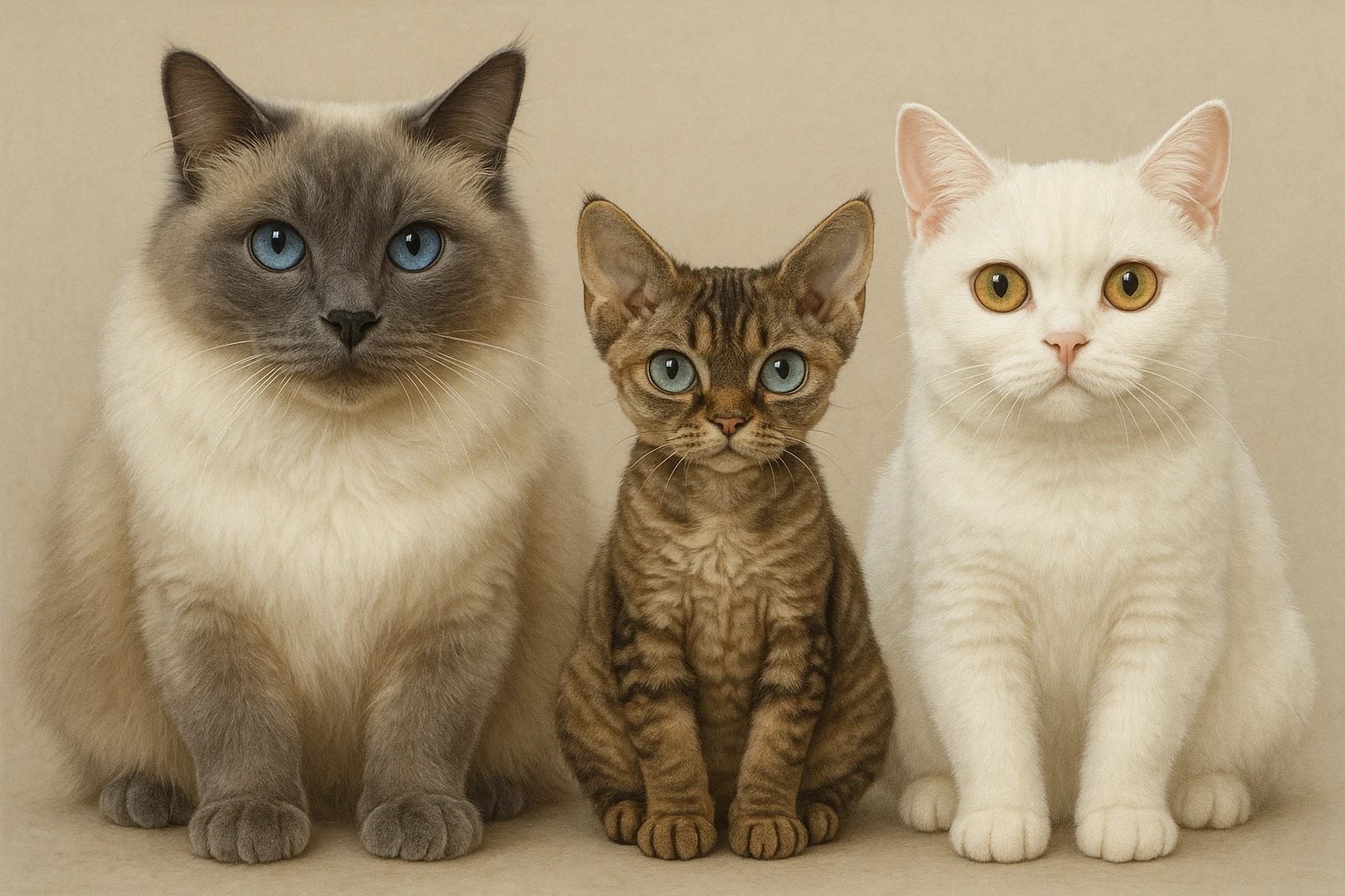 Group of three cats facing forward: leftmost is a big blue point Birman male with blue eyes, middle is a small brown tabby Devon Rex female with pale blue eyes, rightmost is a small white British Shorthair female with yellow eyes. emoji
