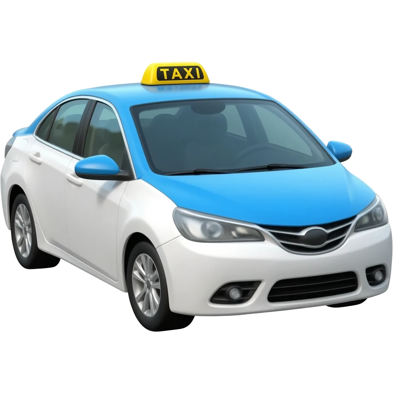 A small white  taxi car with a bright blue roof and white side panels, yellow taxi sign on top,  modern sedan design, black tires, silver rims, front three-quarter view, soft shading, emoji
