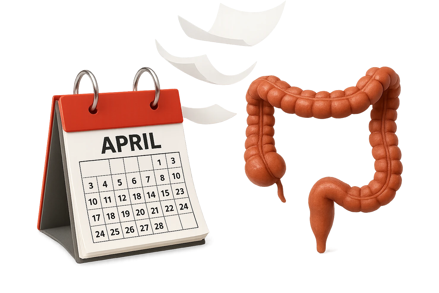 emoji stile iphone di un calendario con fogli che volano insieme a pezzi anatomici di colon umano, iperrealistico 4k, isolato su sfondo bianco emoji
