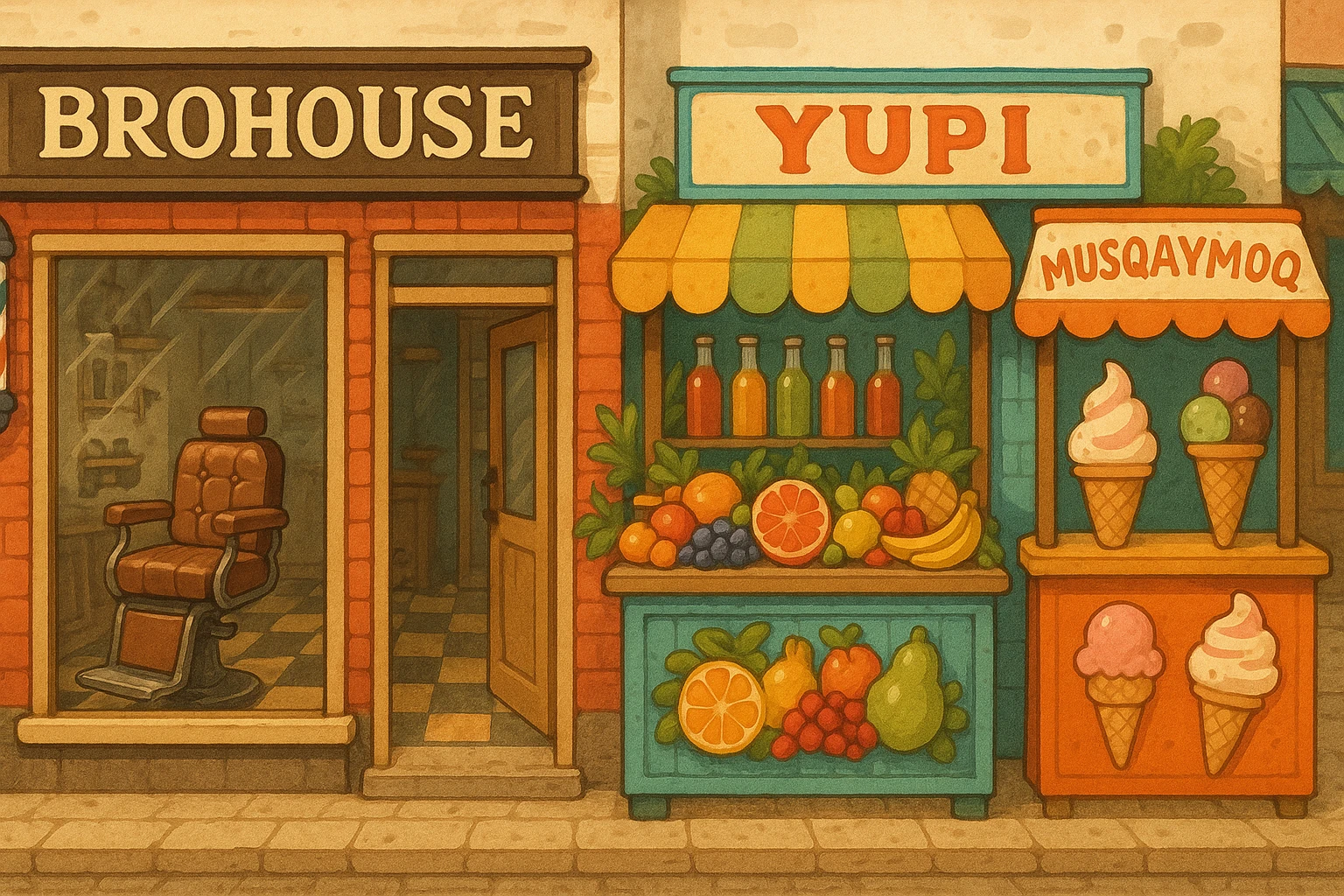 brohouse sartarosh xonasini chizib ber tashqaridan va uning yonida yupi va musqaymoq sotadigan lavkalar bulsin emoji