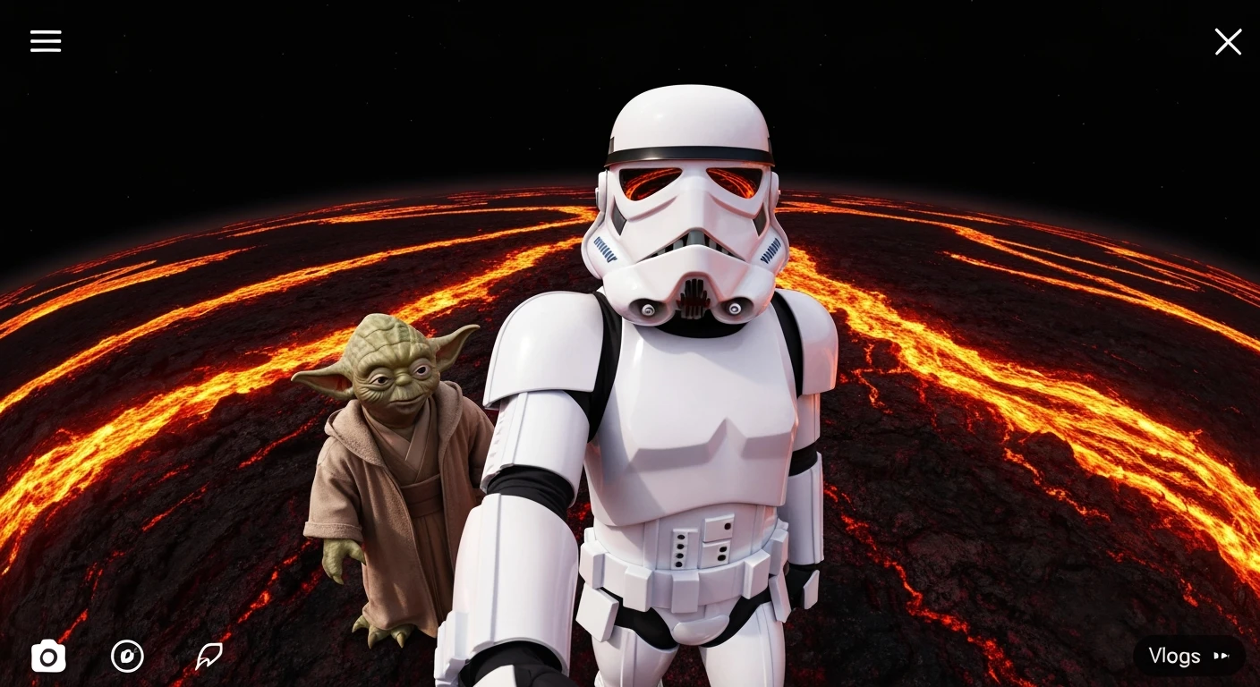 selfie camera, Starwars stormtroopers vlogging , he is walking on lava planet with yoda emoji