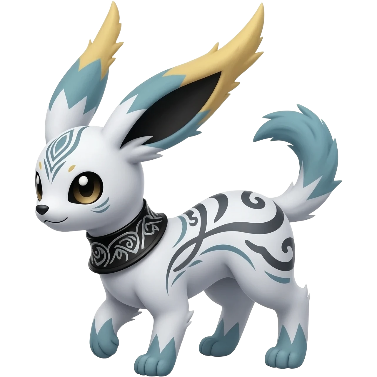 Rare white exotic cute epic aesthetic gothic colorful Salandit-Eevee-Civet-species-Fakemon-hybrid-creature, with a collar, and with intricate tribal markings, full body emoji