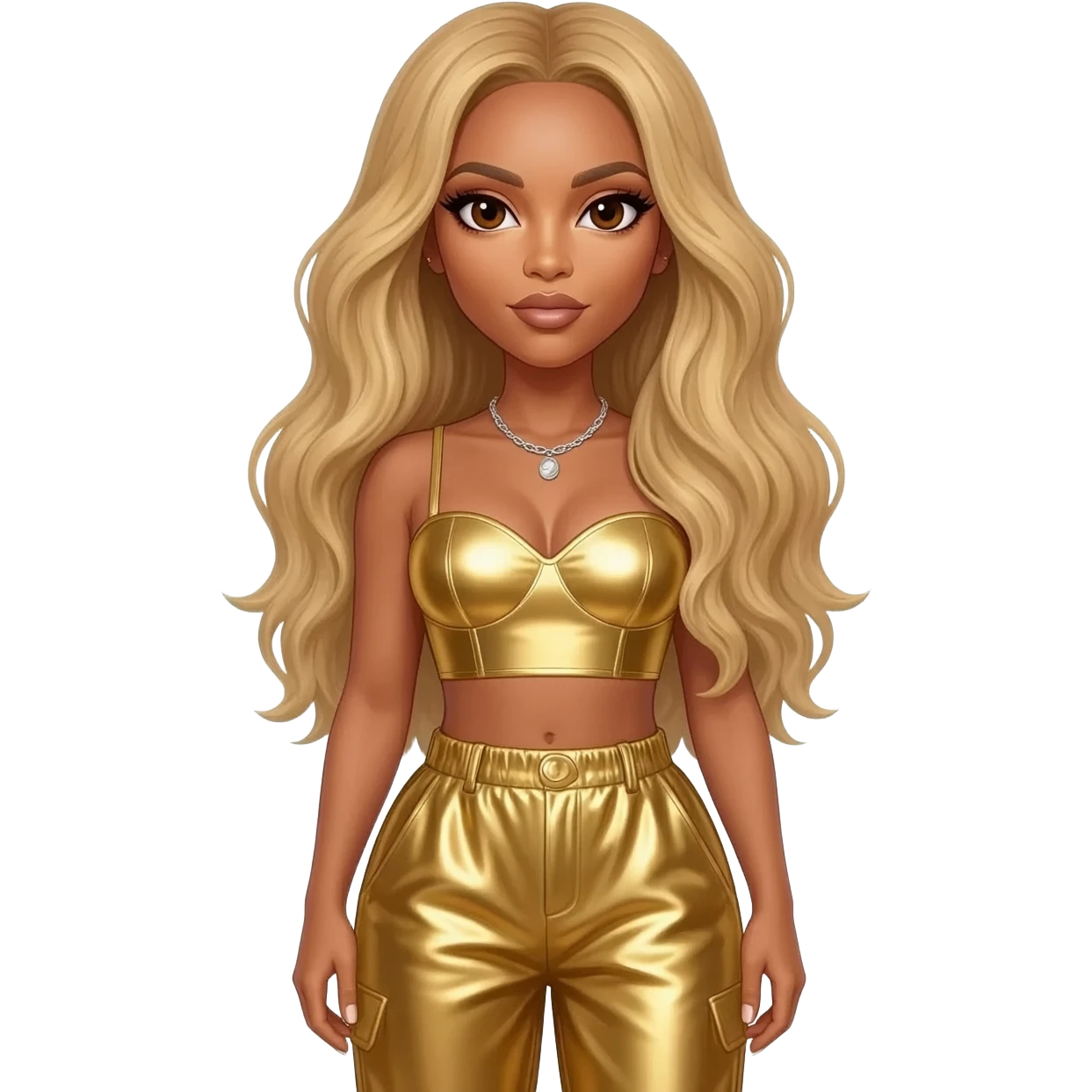 Beyonce with brown eyes, long golden blonde hair, gold metallic sweetheart crop top, gold metallic baggy pants, silver necklace emoji