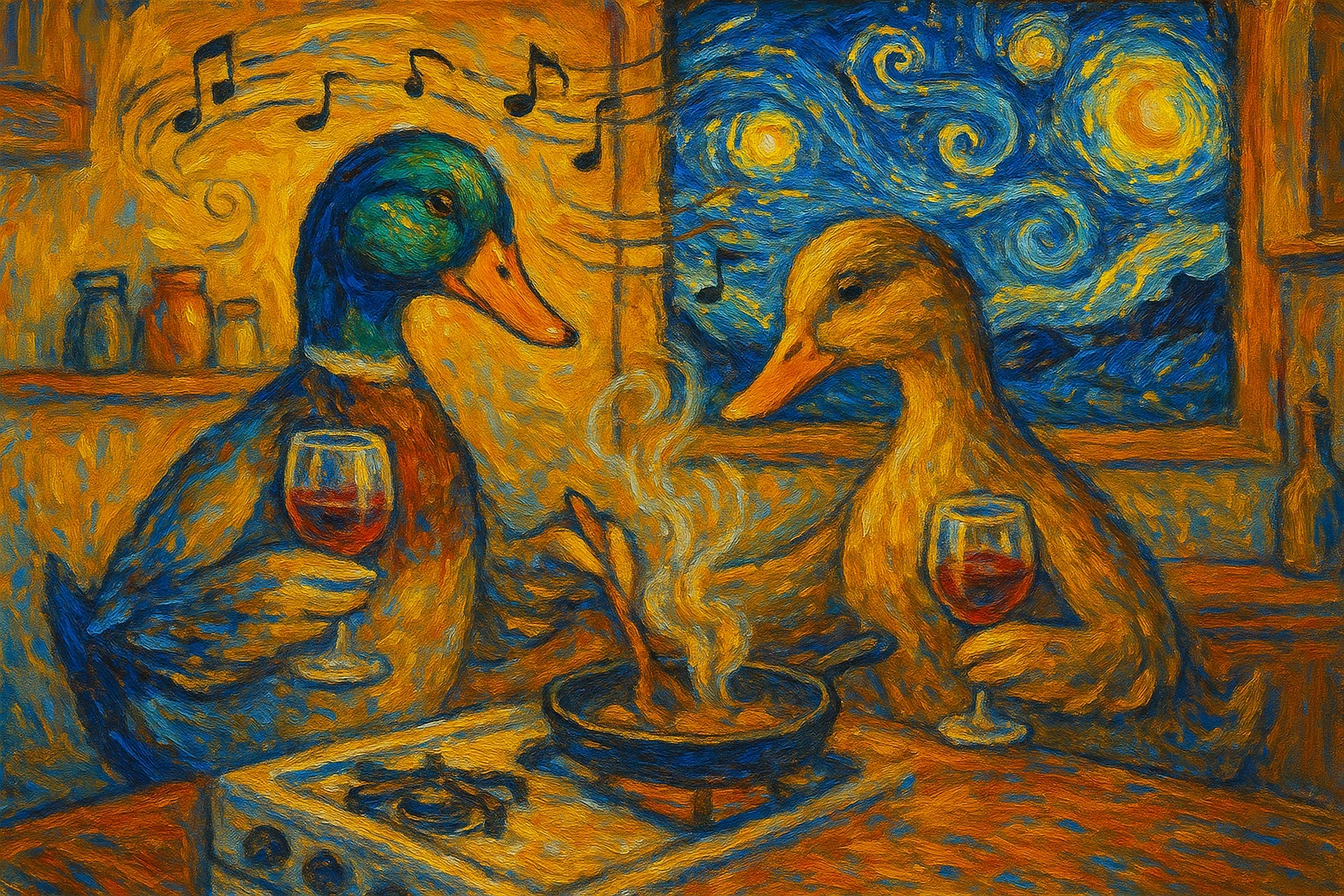 Van Gogh inspired art of two ducks (male and female) cooking, wine glasses in hand, music playing, Starry Night visible through the kitchen window, 4:3 aspect ratio, impressionist style, swirling sky, warm lighting emoji