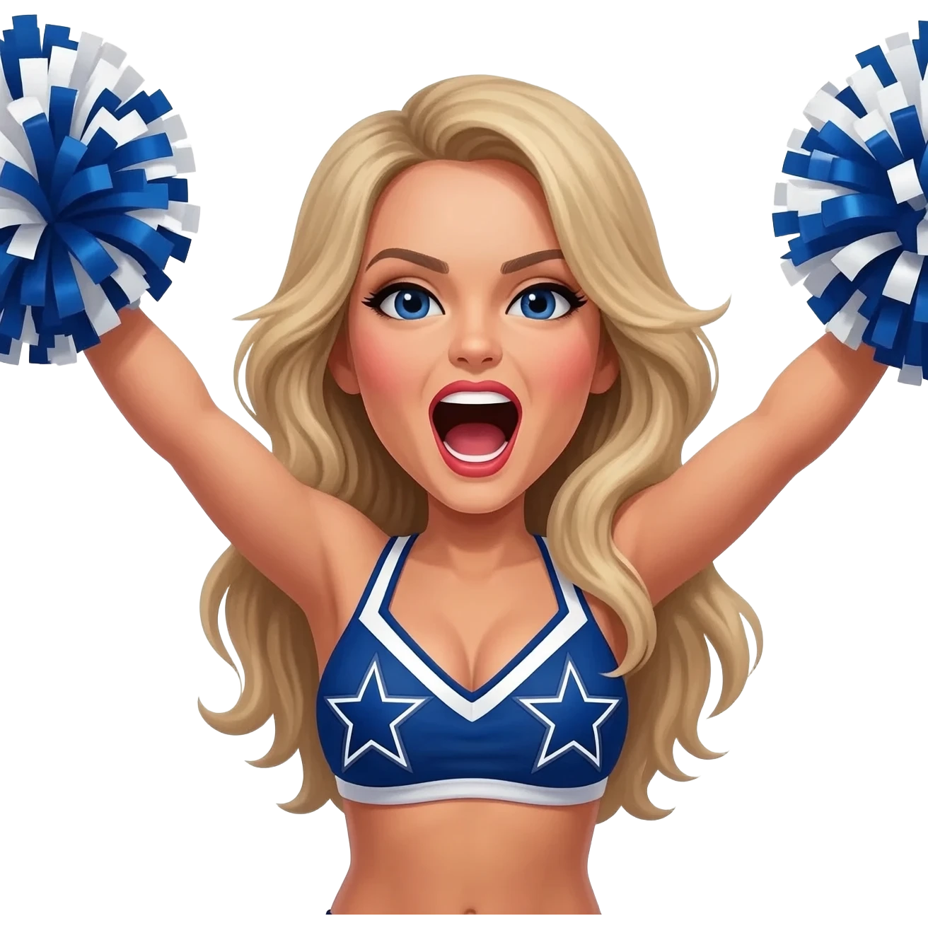 Dallas cowboys cheerleader blonde blue bikini top with white stripes on the edges, with 3 blue stars on each stripe, waving hands with blue and white pompoms, battle roar emoji