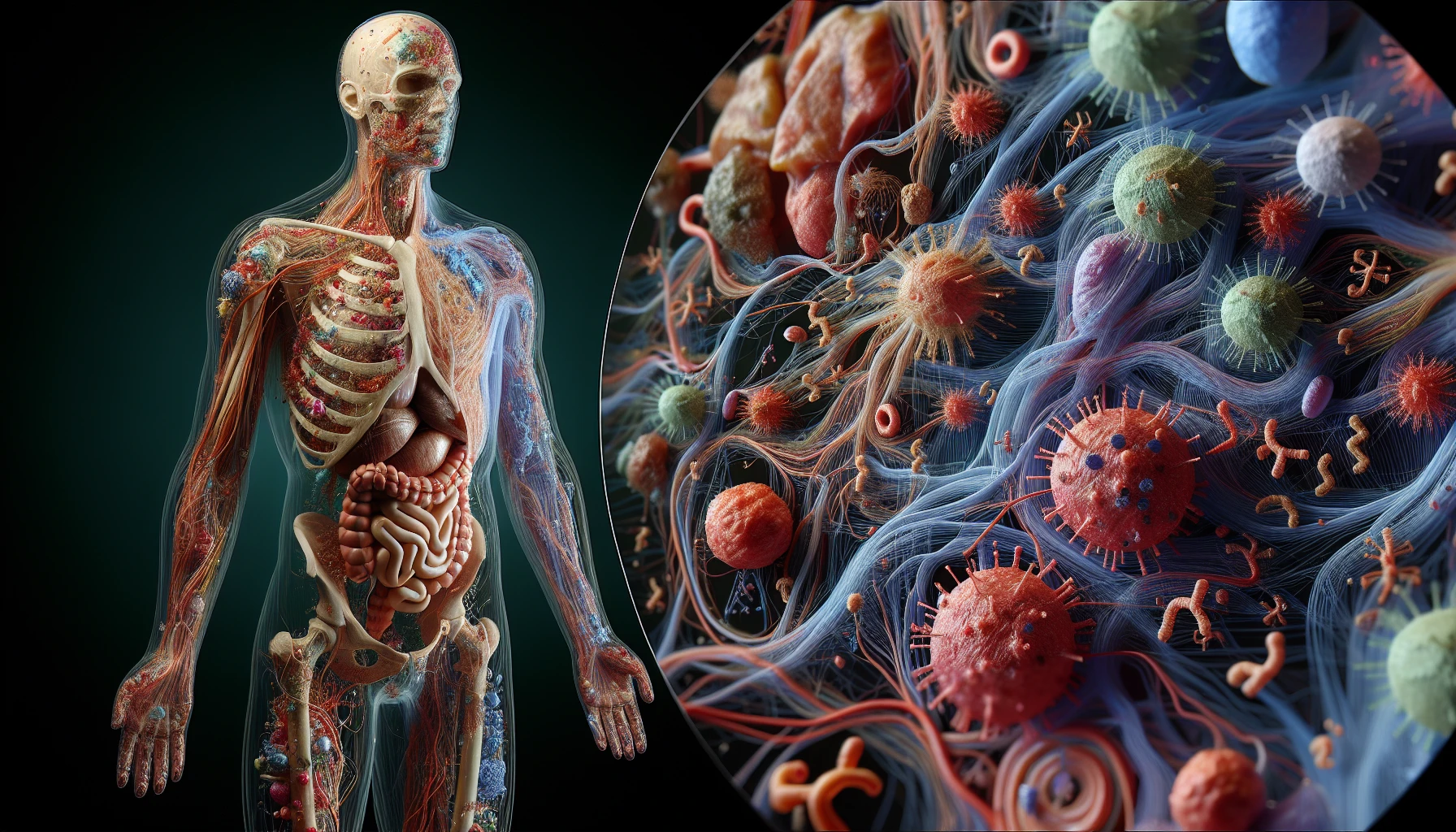 corpo umano anatomico che accumula tossine e virus e malattie nel corpo , iperrealistico 4k emoji
