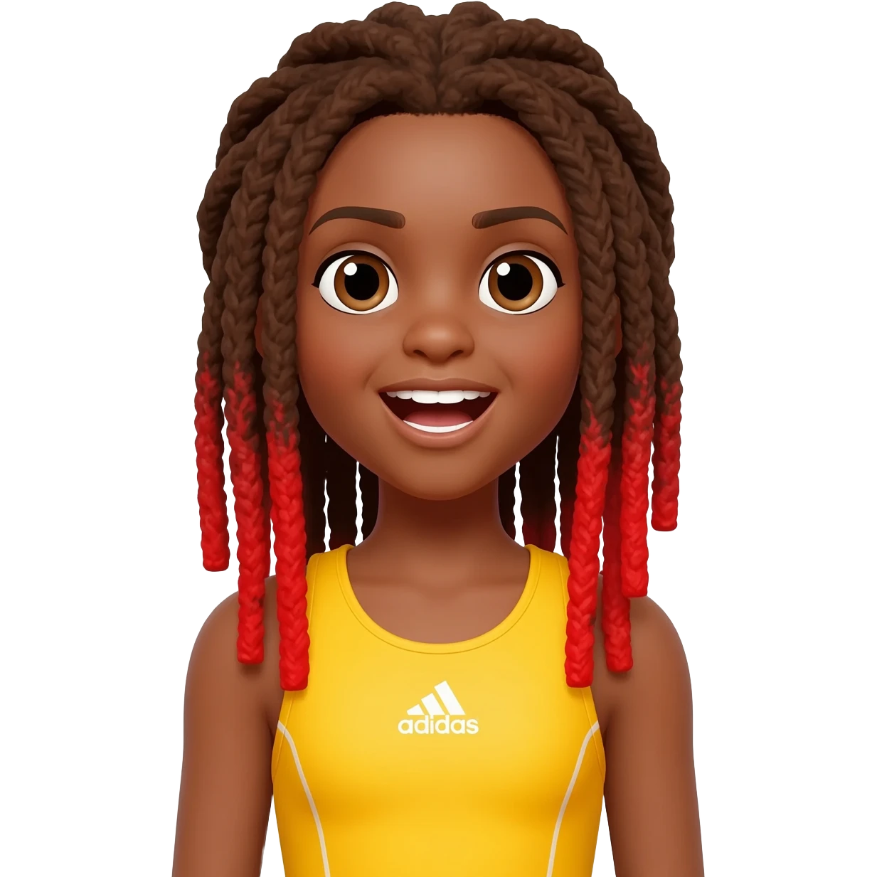 African American girl with long brown dreadlocks with red tips in yellow adidas pilates clothes looking excited emoji