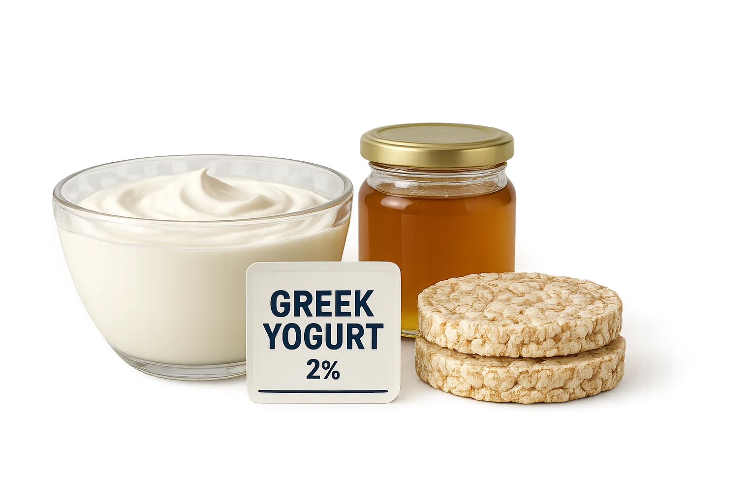 Yogurt Greco 2%
Miele (senza il cucchiaio di legno)
Gallette di Riso
vista frontale, iperrealistico 4k emoji