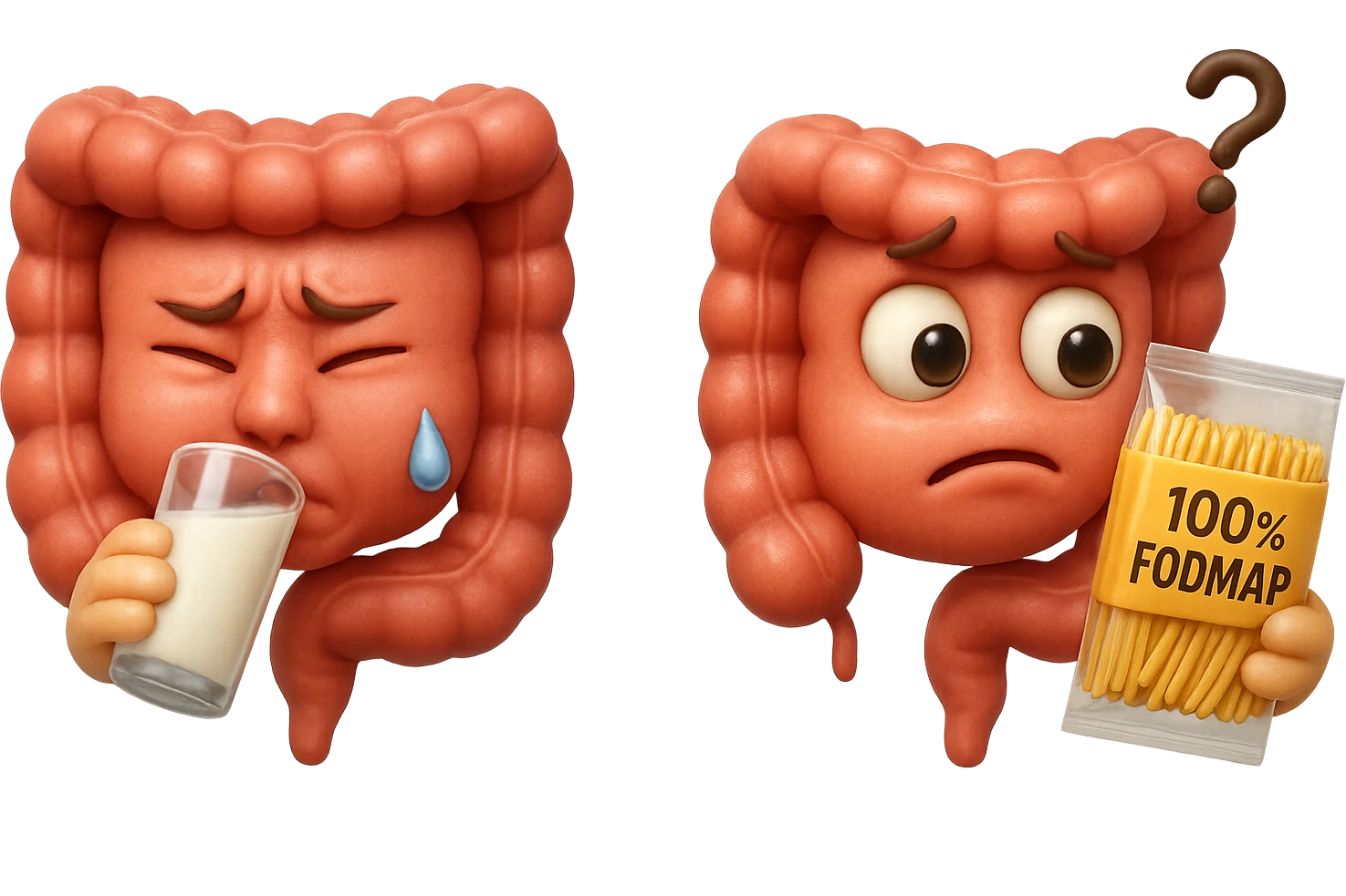 emoji stile iphone di un intestino che beve latte e ha un espressione di dolore e un intestino che guarda un pacco di pasta con la scritta "100% FODMAP" SULL'ETICHETTA CON ESPRESSIONE CONFUSA, iperrealistico 4k, isolato su sfondo bianco emoji