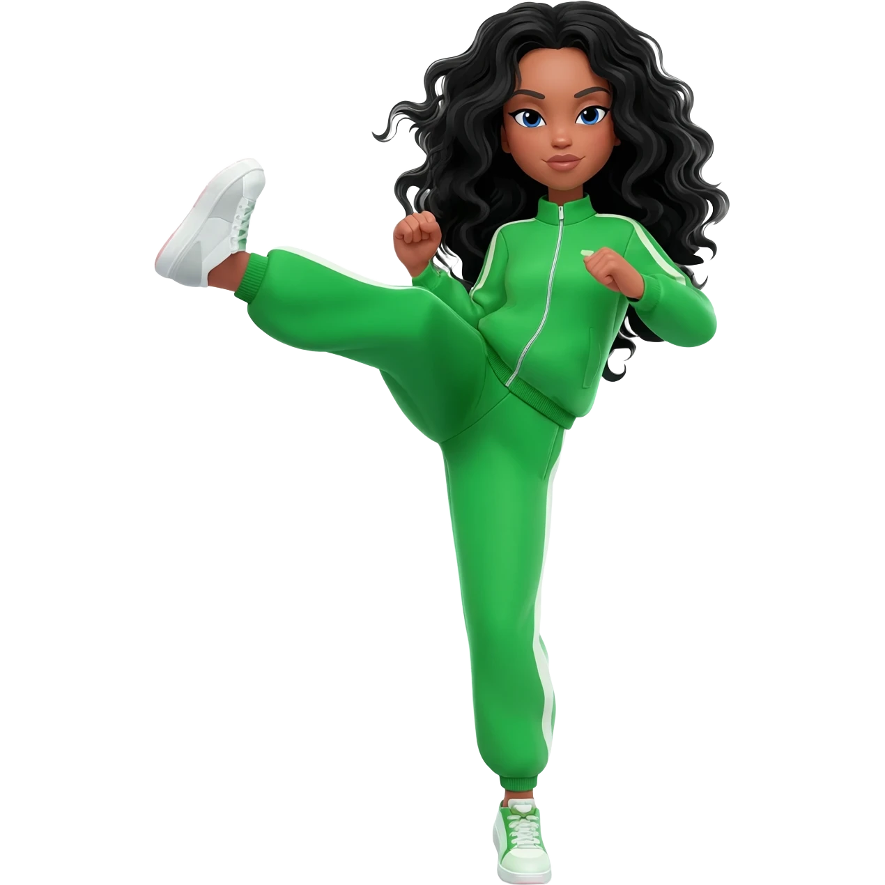 White curvy female with super wavy black hair doing a high kick wearing a green track suit emoji