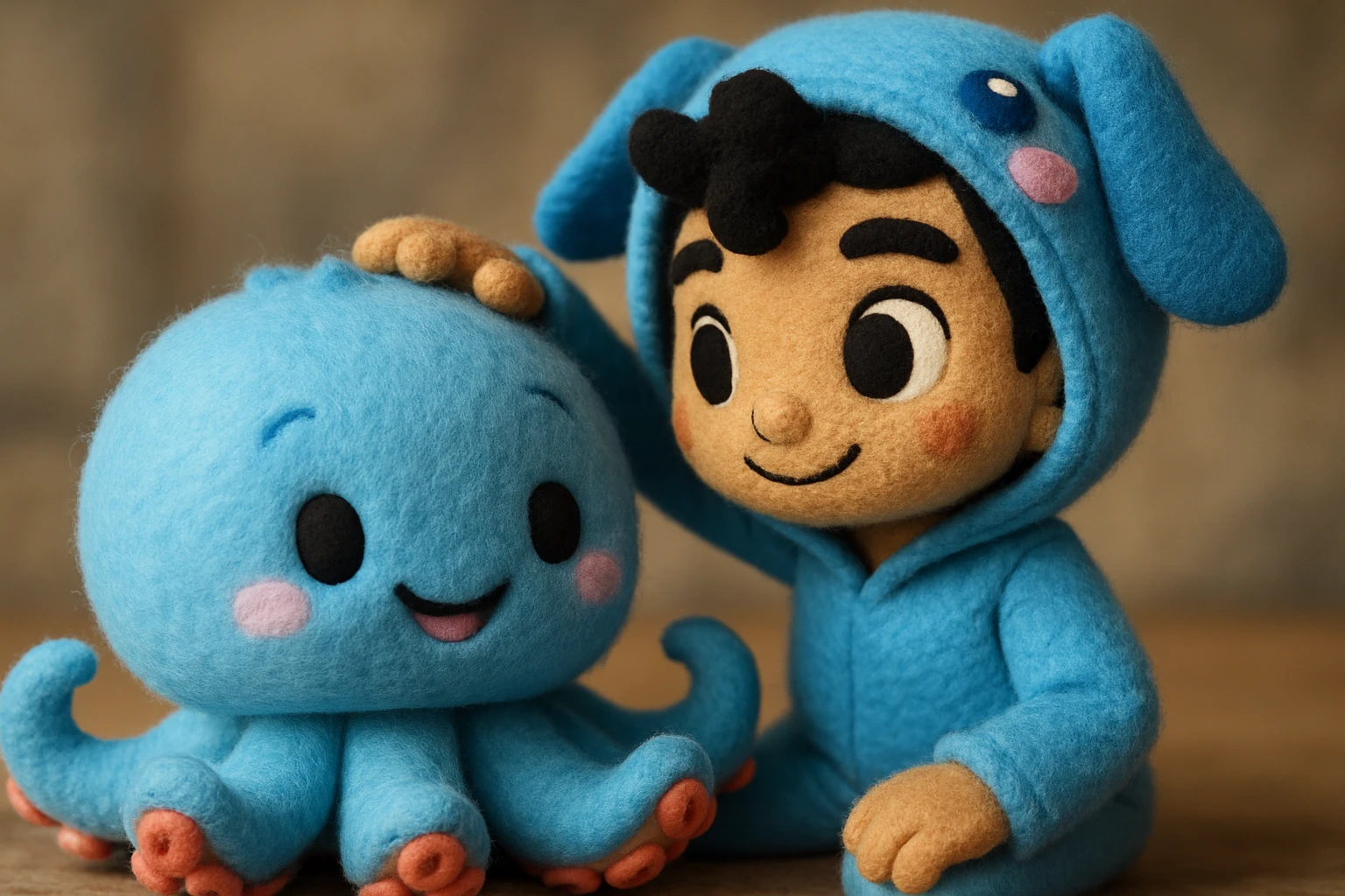 Combine the cute blue plush octopus and the human character in a blue animal onesie. Show the human gently petting the octopus, both looking happy and friendly, in a soft, playful plush portrait style. emoji