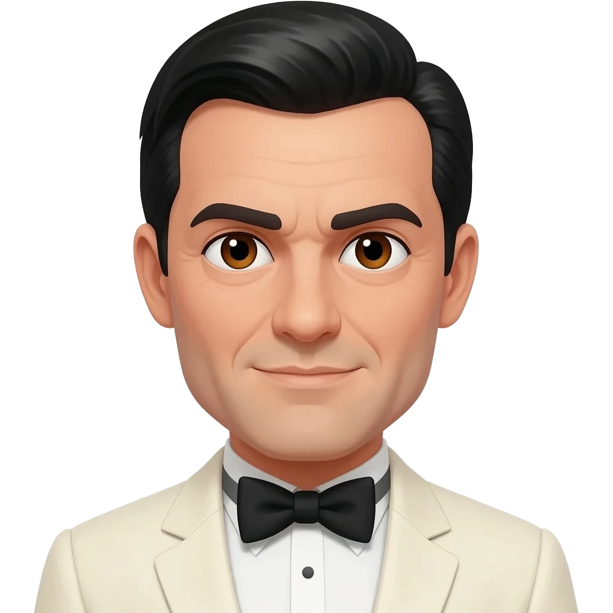 Nick Nack from James Bond Series with dark brown eyes, black hair, ivory suit with bow tie emoji
