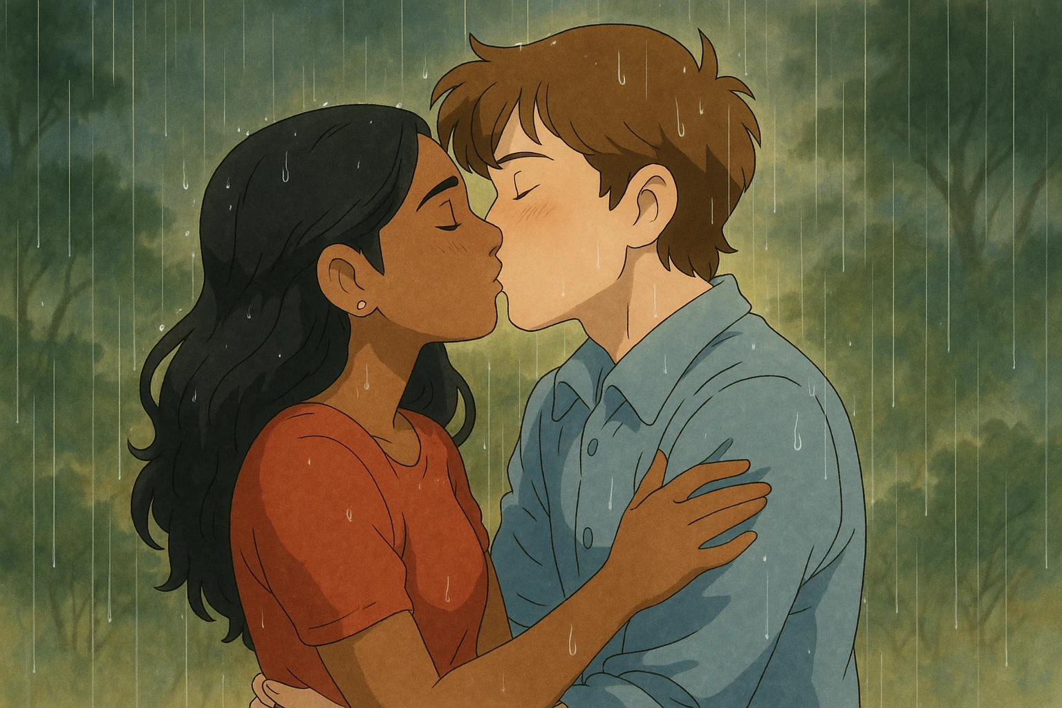 Joel and Madhu kissing in the rain, affectionate, romantic, Ghibli style with magical atmosphere and soft lighting, capturing the emotional connection and gentle rain ambiance. emoji