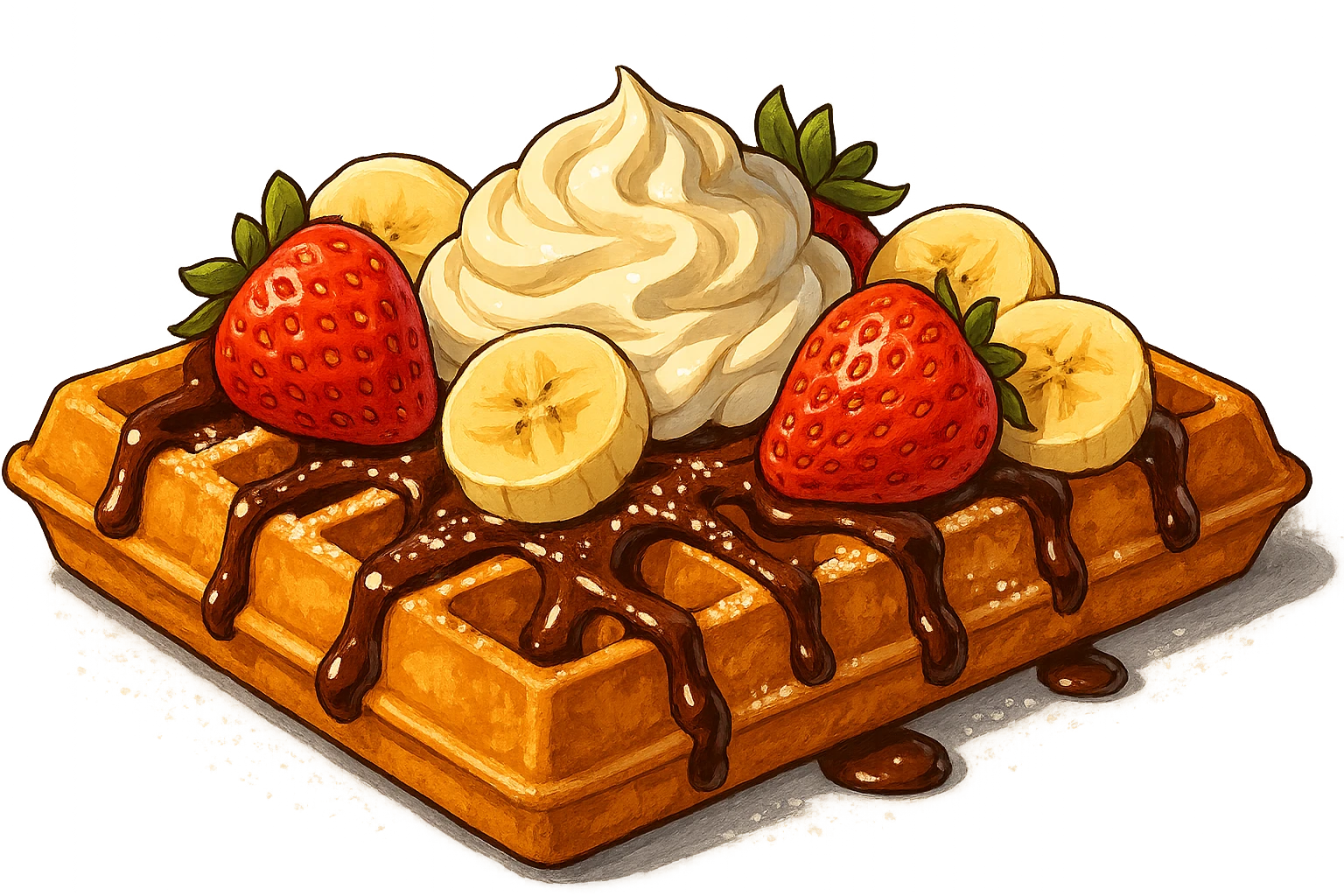 В слегка рисованном, но при этом ярком и объемном стиле с четкими линиями составь фотореалистичную композицию, где горизонтально лежит классическая брюссельская вафля с клубникой и бананом, сливочными кремом, политая шоколадом и посыпанная сахарной пудрой, профессиональный свет, подчеркивающий объем, сделай картинку более широкой, прозрачный фон emoji