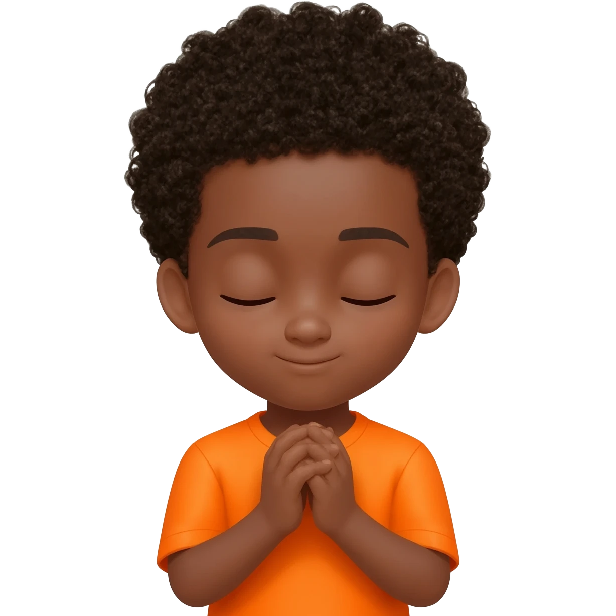 black boy curly hair orange shirt praying hands eyes closed emoji