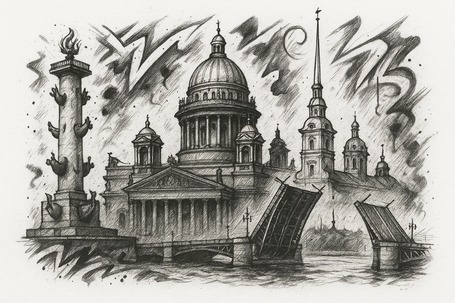 Сделай png рисунок Санкт-Петербурга в стиле граффити. Граффити черно-белое. Надписи не делай.  Рисовка в стиле Да Винчи. emoji