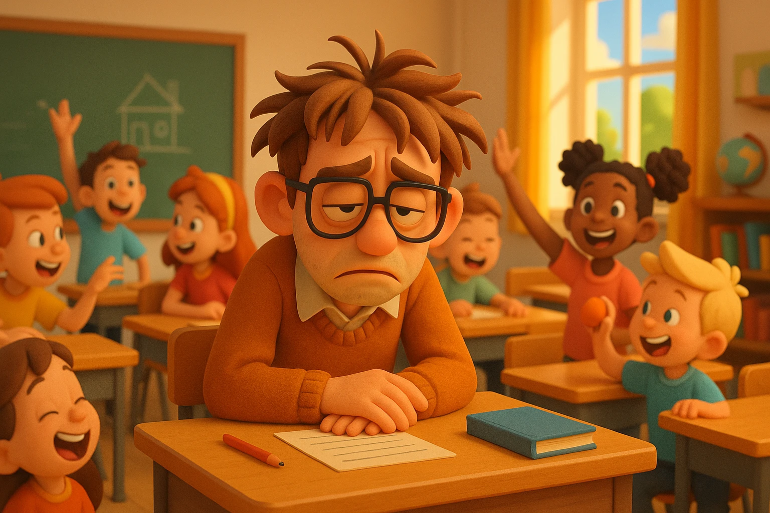 3d cartoon art of a exhausted teacher in a bustling classroom emoji
