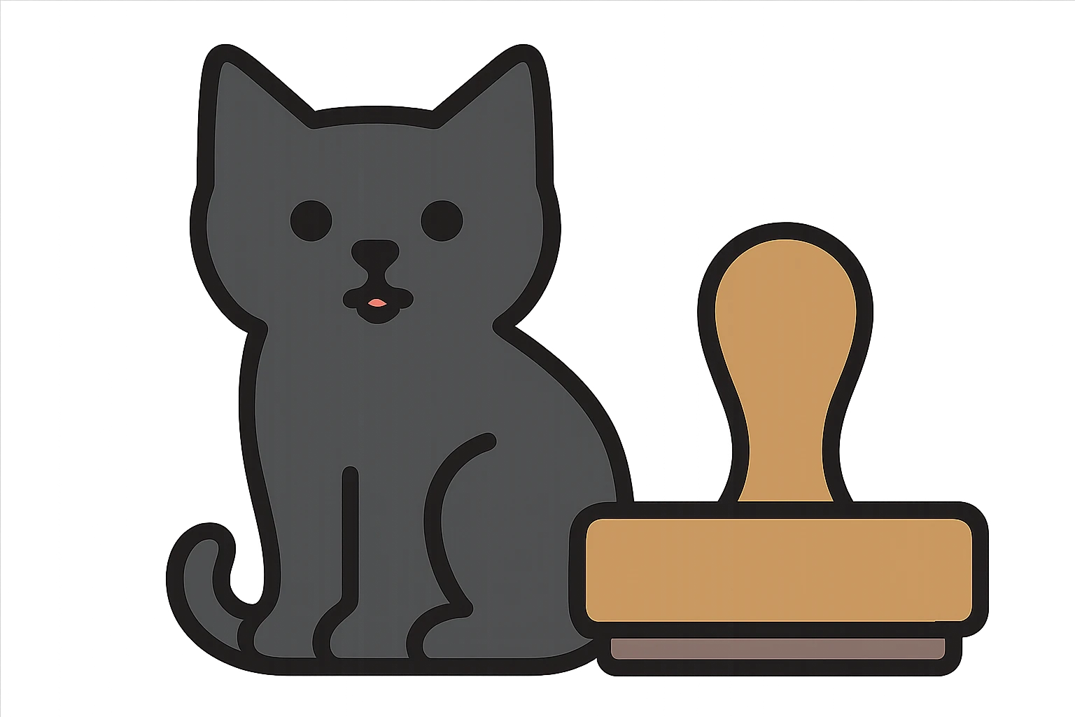 Add color to the black cat, keeping the style clear and playful, with a dark gray or black cat and natural stamp colors, no background. Maintain the original style's clarity and playfulness. emoji