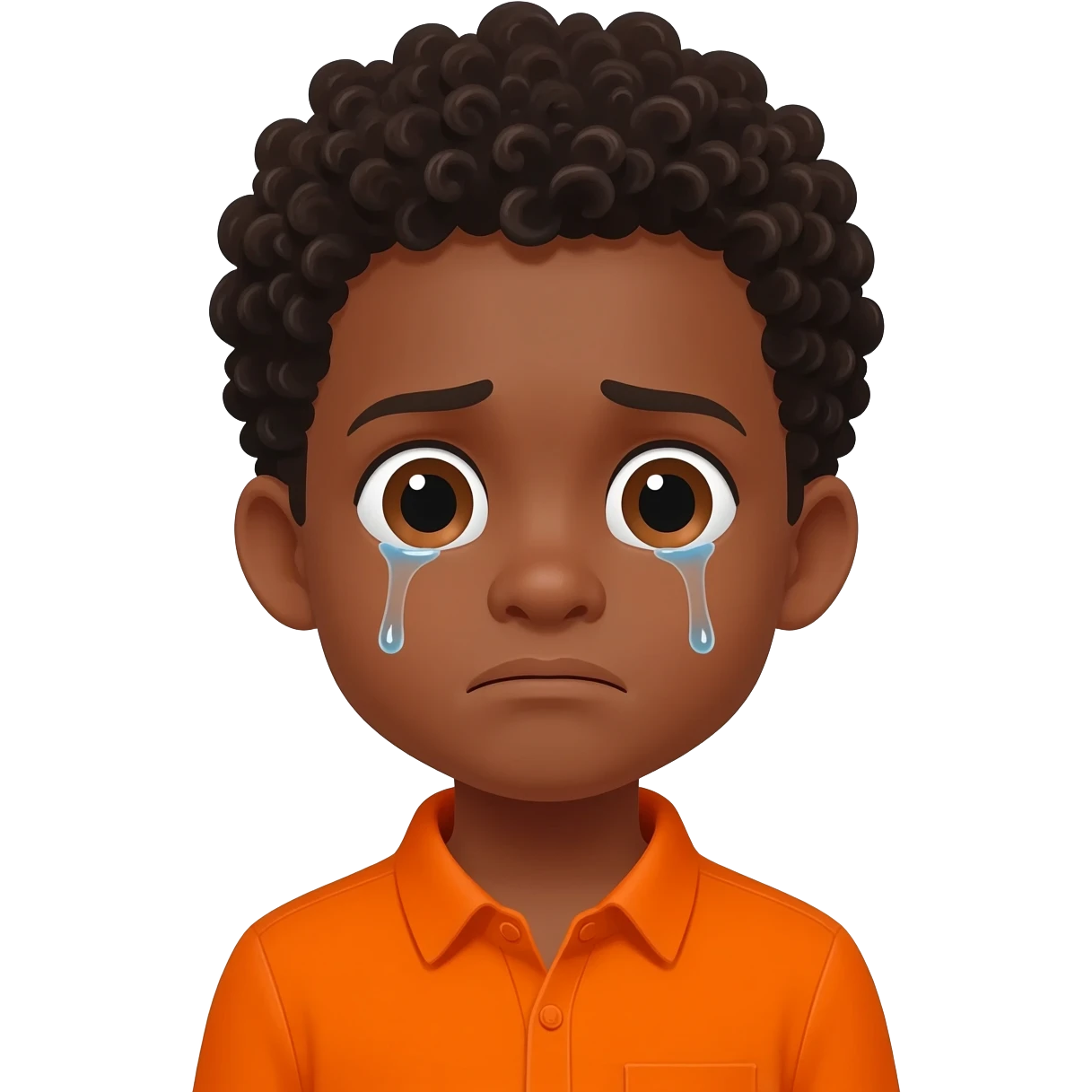 black boy curly hair orange shirt sad crying emoji