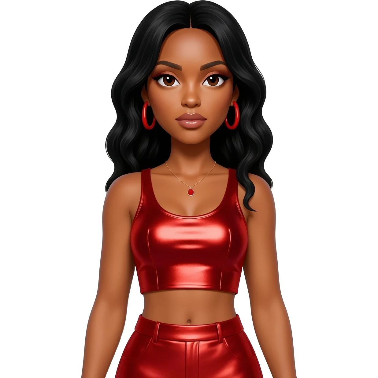 Kelly Rowland with black hair, red metallic crop top, red metallic skirt, red earrings emoji
